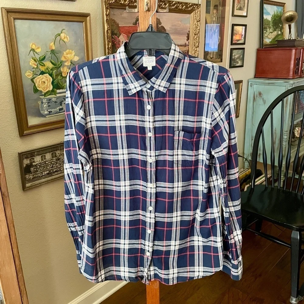 J. Crew Factory The Perfect Shirt long sleeve plaid button MED navy pink white